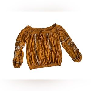 Women's Embroidered Off-Shoulder Mustard Boho Blouse Size XL